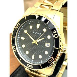 Bulova Men's Watch 98B375 Quartz Black Dial Date Gold Stainless Steel 43mm